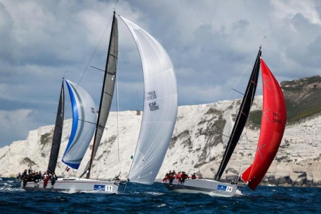 Past the Needles in the Round the Isle of Wight Race, Andrew Hurst's JND 39, Stamina (France Red) and Didier Gaudoux's JND 39, Lann Ael 2 (France White) enjoy close racing - Brewin Dolphin Commodores' Cup - 29 July, 2016 ©  Paul Wyeth / RORC